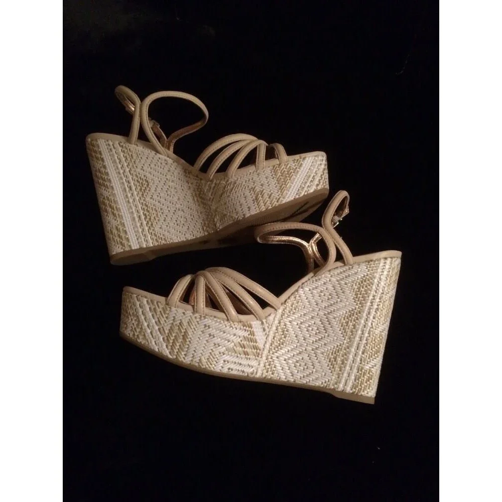 BCBGeneration Shoes Hosanna Leather & Fabric Bronze & Tan Wedges Size 10 NWT